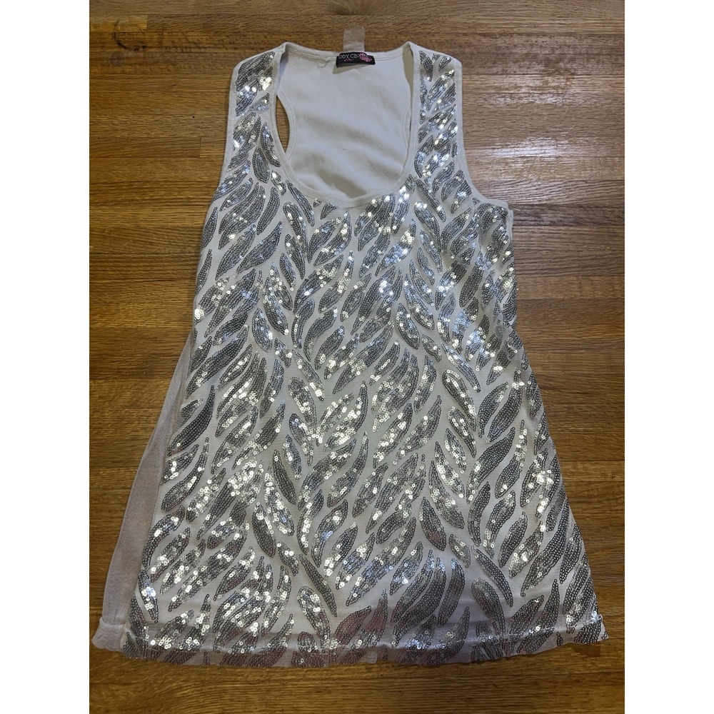 Body Central Chic Lady Small White Silver Sequin Sheer Sleeveless Scoop Neck Top